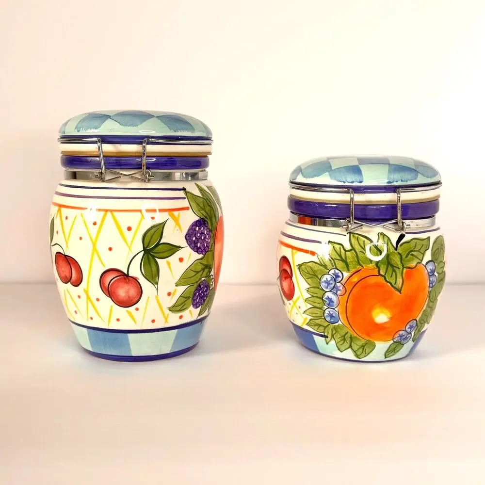 Capriware Michael's Orchard Lot of 2 Multi Color Handpainted Ceramic Canisters